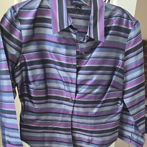 Ann Taylor Multicolor Silk Striped Button-Up Blouse Sz 4 In Purple, Navy & Gray